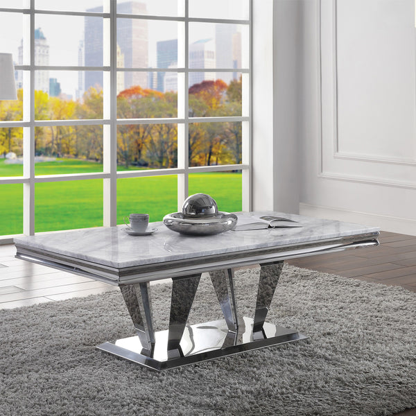 ACME Satinka Light Gray Engineered Marble & Mirrored Silver Coffee Table Model 87215