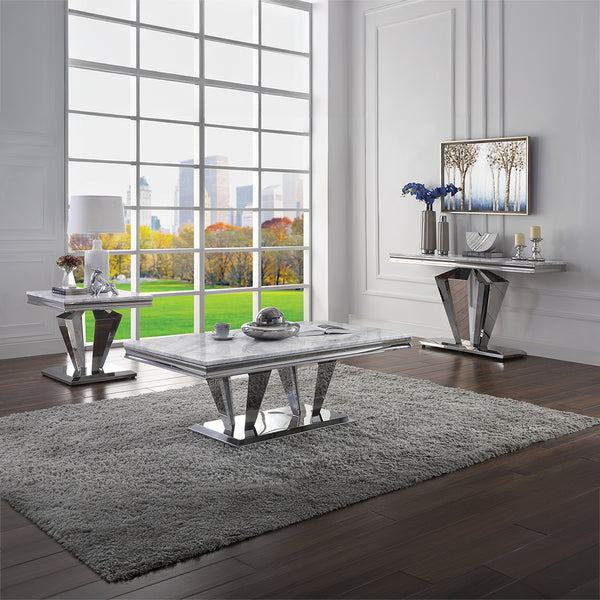 ACME Satinka Light Gray Engineered Marble & Mirrored Silver Coffee Table Model 87215