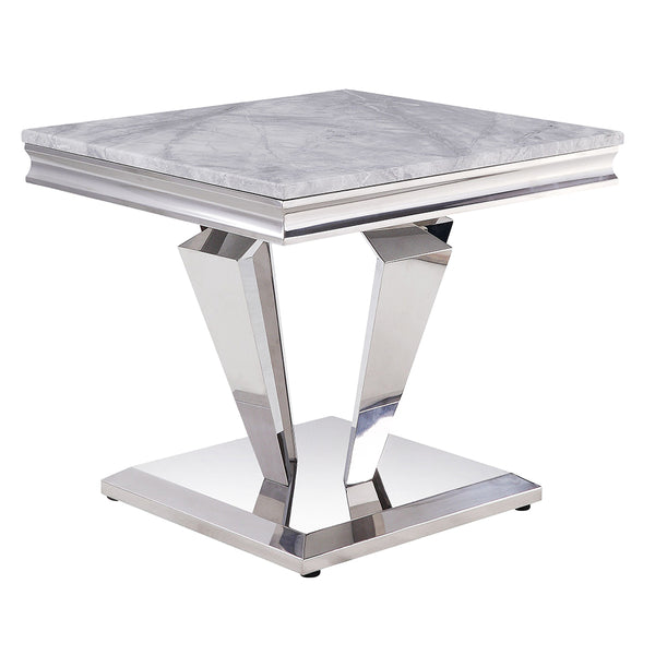 ACME Satinka Light Gray Engineered Marble & Mirrored Silver End Table Model 87219