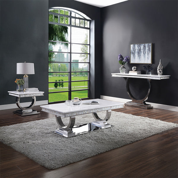ACME Zander White Engineered Marble & Mirrored Silver Sofa Table Model 87359