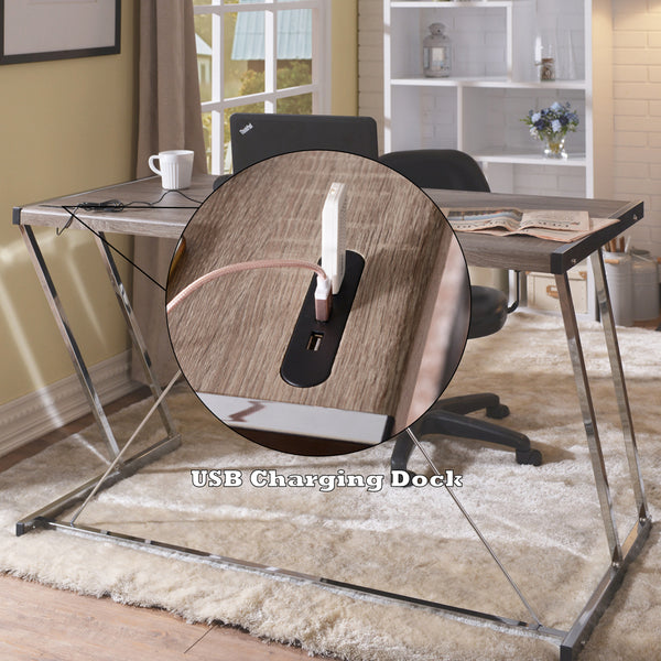 ACME Finis Weathered Oak & Chrome Writing Desk with USB Port Model 92344