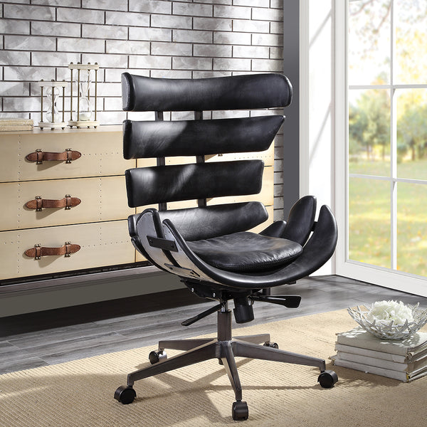 ACME Megan Vintage Black Top Grain Leather & Aluminum Swivel Office Chair Model 92552