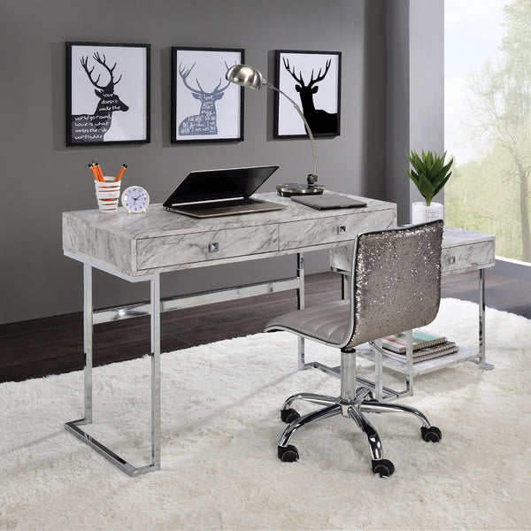 ACME Tigress White Engineered Stone Top & Chrome Writing Desk Model 92615