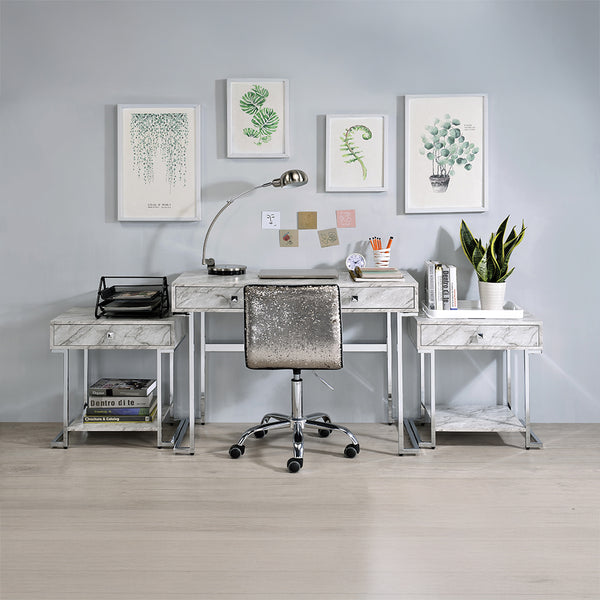 ACME Tigress White Engineered Stone Top & Chrome Writing Desk Model 92615