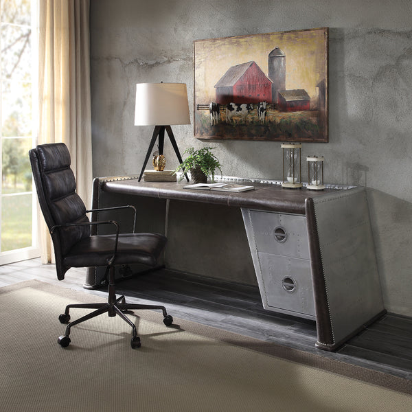 ACME Brancaster Distress Chocolate Top Grain Leather & Aluminum Executive Writing Desk Model 92855