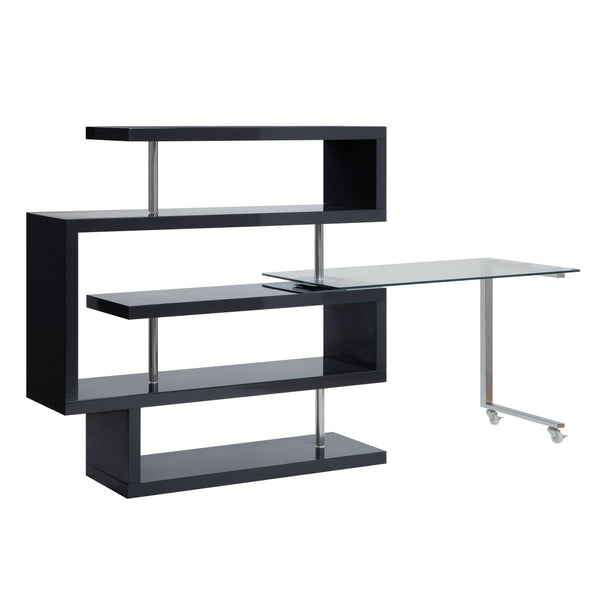 ACME Buck II Clear Glass Chrome & Black High Gloss Writing Desk with Bookshelf Model 93177