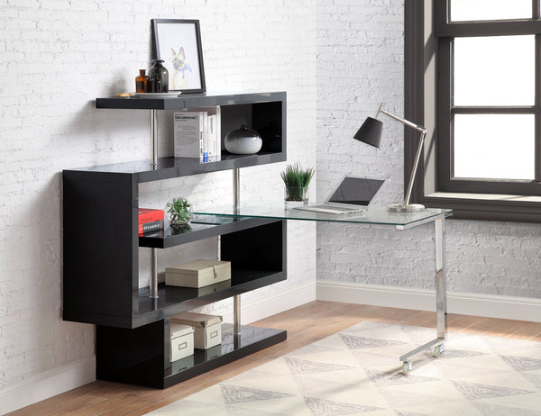 ACME Buck II Clear Glass Chrome & Black High Gloss Writing Desk with Bookshelf Model 93177