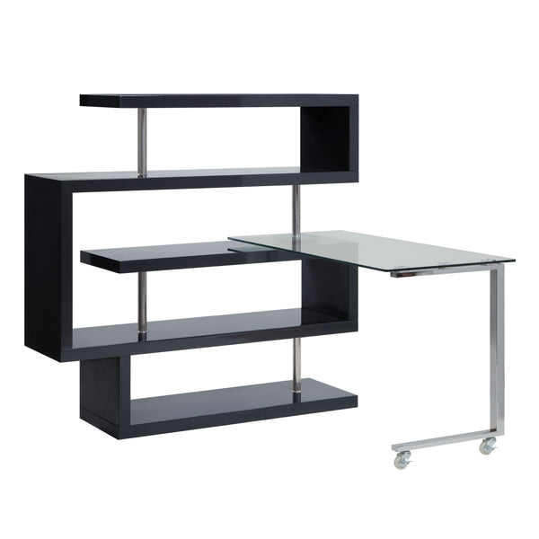 ACME Buck II Clear Glass Chrome & Black High Gloss Writing Desk with Bookshelf Model 93177