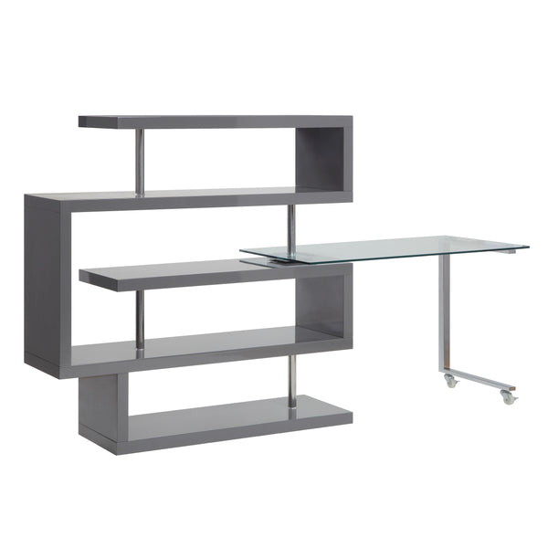 ACME Buck II Clear Glass Chrome & Gray High Gloss Writing Desk with Bookshelf Model 93181