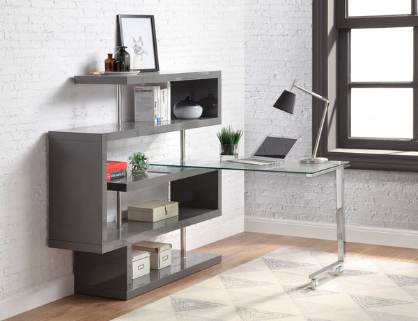ACME Buck II Clear Glass Chrome & Gray High Gloss Writing Desk with Bookshelf Model 93181