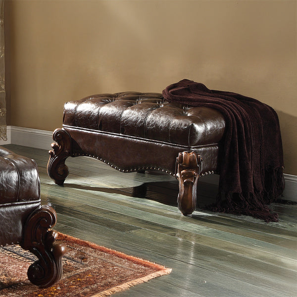 ACME Versailles Two Tone Dark Brown Synthetic Leather & Cherry Oak Ottoman Model 96538