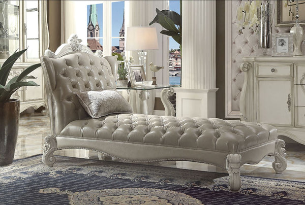 ACME Versailles Vintage Gray Synthetic Leather & Bone White Chaise with Pillow Model 96542