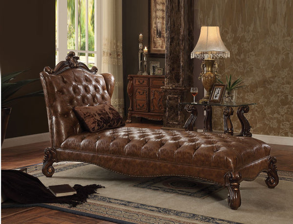 ACME Versailles Two Tone Light Brown Synthetic Leather & Cherry Oak Chaise with Pillow Model 96544
