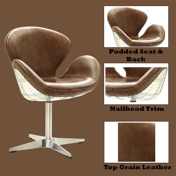 ACME Brancaster Retro Brown Top Grain Leather & Aluminum Accent Chair with Swivel Model 96553
