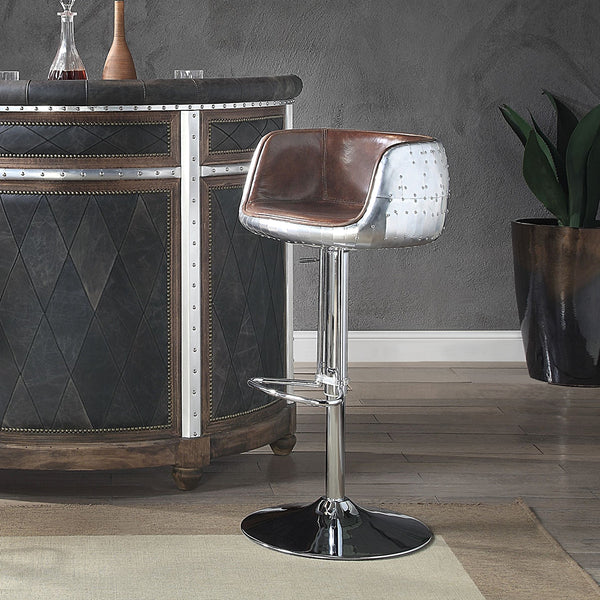 ACME Brancaster Vintage Brown Top Grain Leather & Aluminum Adjustable Stool with Swivel Model 96555