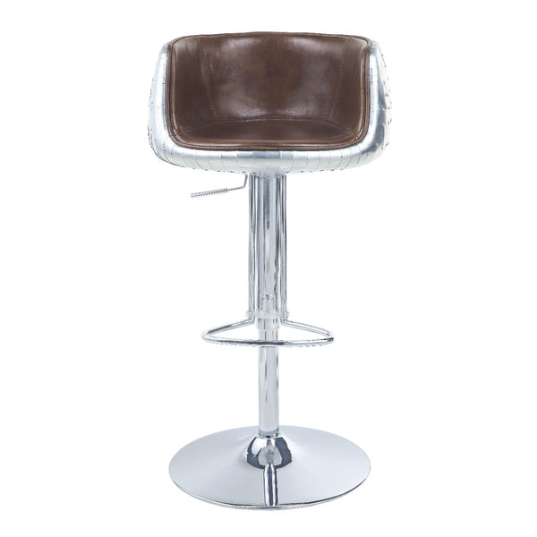 ACME Brancaster Vintage Brown Top Grain Leather & Aluminum Adjustable Stool with Swivel Model 96555