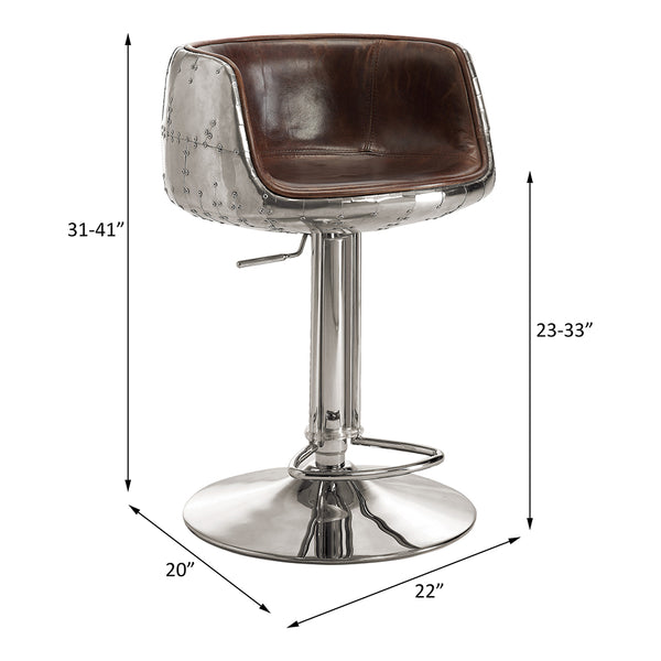 ACME Brancaster Vintage Brown Top Grain Leather & Aluminum Adjustable Stool with Swivel Model 96555