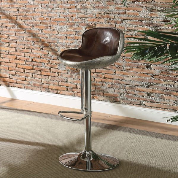ACME Brancaster Vintage Brown Top Grain Leather & Aluminum Adjustable Stool with Swivel Model 96556