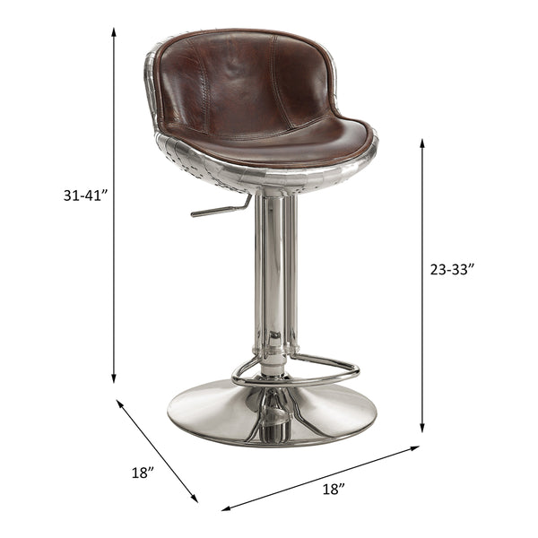 ACME Brancaster Vintage Brown Top Grain Leather & Aluminum Adjustable Stool with Swivel Model 96556