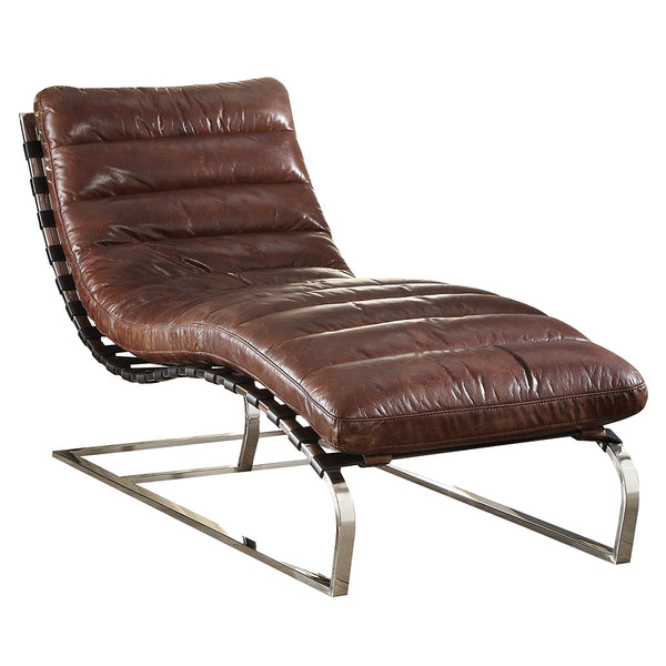 ACME Qortini Vintage Dark Brown Top Grain Leather & Stainless Steel Chaise Model 96670