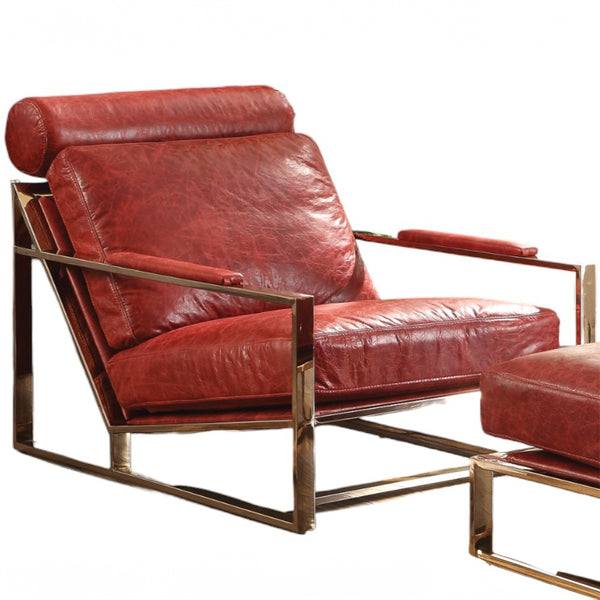 ACME Quinto Antique Red Top Grain Leather & Stainless Steel Accent Chair Model 96672