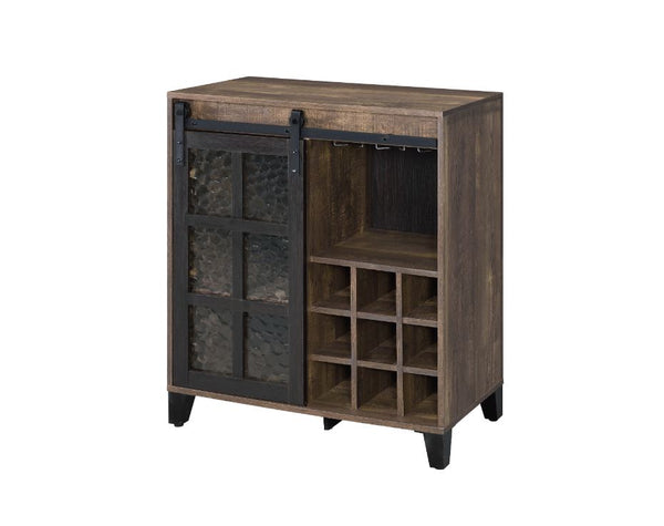 ACME Treju Obscure Glass Rustic Oak & Black Wine Cabinet Model 97836