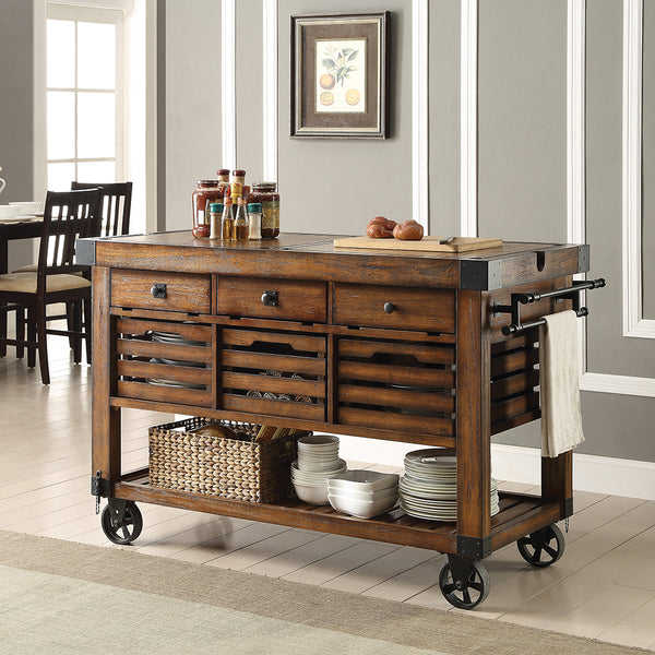 ACME Kaif Distressed Chestnut Kitchen Cart Model 98184