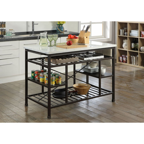 ACME Lanzo Natural Marble Top & Gunmetal Kitchen Island Model 98400