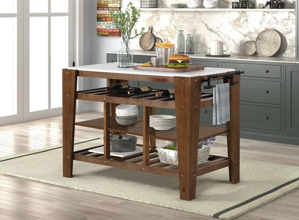 ACME Alaroa Natural Marble Top & Rustic Brown Kitchen Island Model AC00396