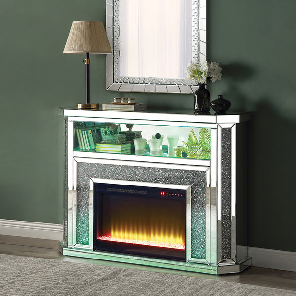 ACME Noralie Mirrored & Faux Diamonds Fireplace with LED Model AC00508