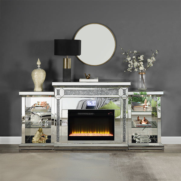 ACME Noralie Mirrored & Faux Diamonds Fireplace with LED & Bluetooth Model AC00518