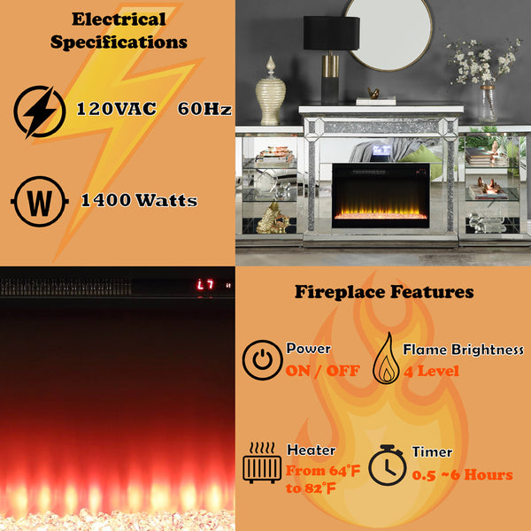 ACME Noralie Mirrored & Faux Diamonds Fireplace with LED & Bluetooth Model AC00518