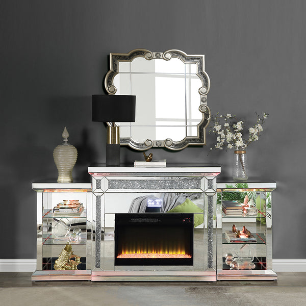 ACME Noralie Mirrored & Faux Diamonds Fireplace with LED & Bluetooth Model AC00518
