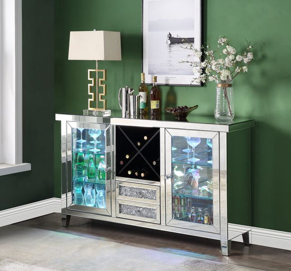 ACME Noralie Mirrored & Faux Diamonds Wine Cabinet with LED Model AC00525