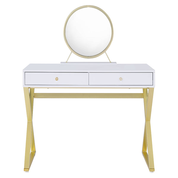 ACME Coleen White & Gold Vanity Desk with Mirror & Jewelry Tray Model AC00667