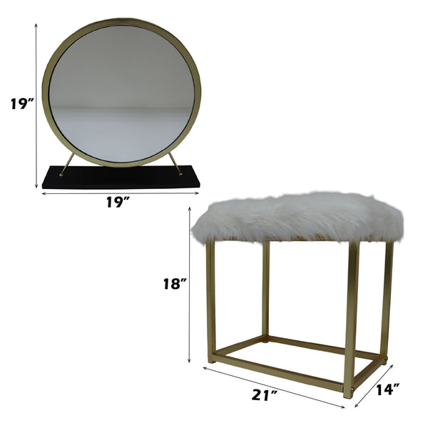 ACME Adao Faux Fur Mirror Black & Brass Vanity Mirror & Stool Model AC00931