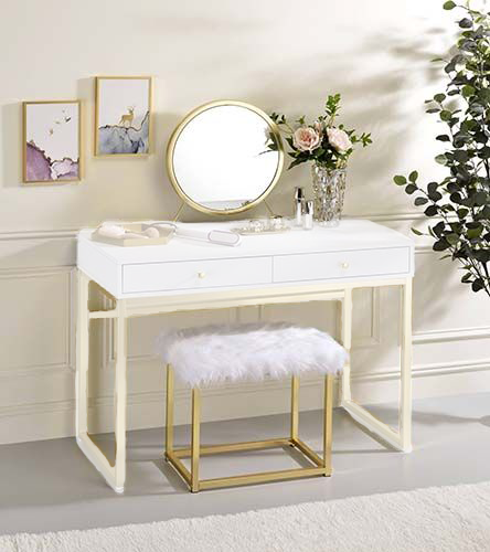 ACME Adao Faux Fur Mirror White & Brass Vanity Mirror & Stool Model AC00932