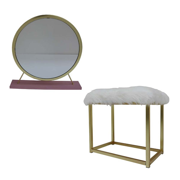 ACME Adao Faux Fur Mirror Pink & Gold Vanity Mirror & Stool Model AC00934