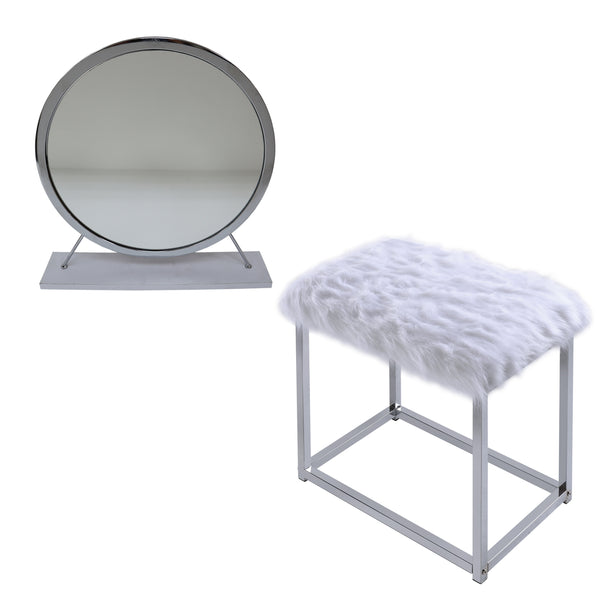 ACME Adao Faux Fur Mirror White & Chrome Vanity Mirror & Stool Model AC00935