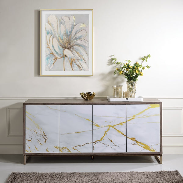 ACME Paavan White Marble Paint Oak & Champagne Console Cabinet Model AC02343