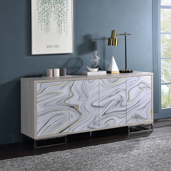 ACME Panos White Marble Paint & Chrome Console Cabinet Model AC02344