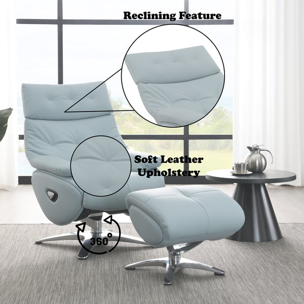 ACME Janella Babyblue Top Grain Leather Accent Chair with Swivel & Ottoman Model AC02990