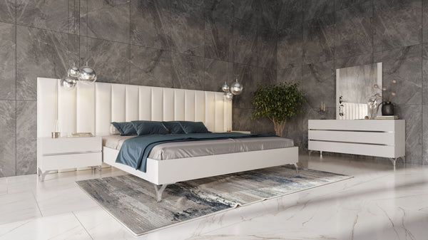 Nova Domus Angela Queen Italian Modern White Eco Leather Bed With Nightstands And Wings Model VGACANGELA-SET-WINGS-Q