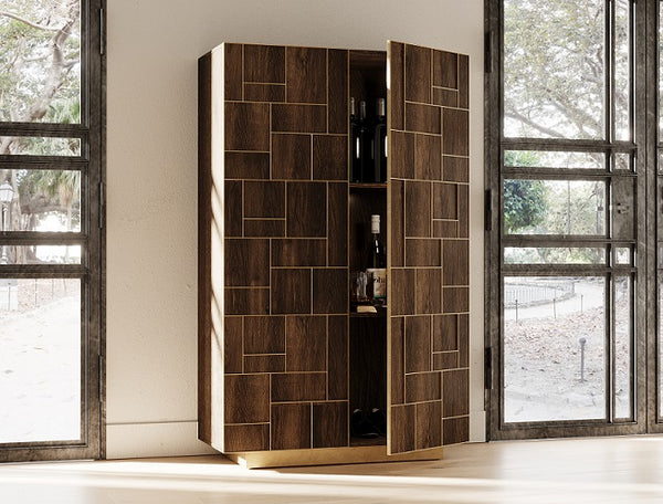 Auer- Brown Oak & Gold Wine Rack Cabinet