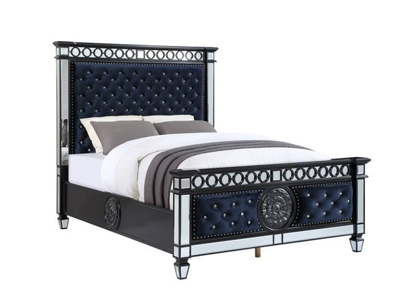 ACME Varian II Mirrored Dark Navy Velvet & Black & Silver Eastern King Bed Model BD00583EK