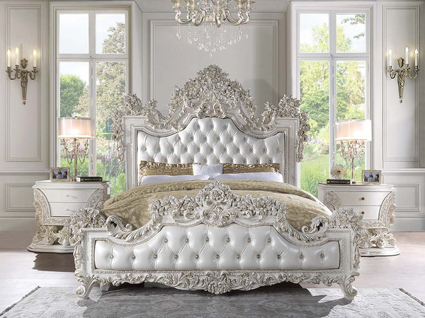ACME Adara Pearl White Synthetic Leather & Antique White Eastern King Bed Model BD01248EK