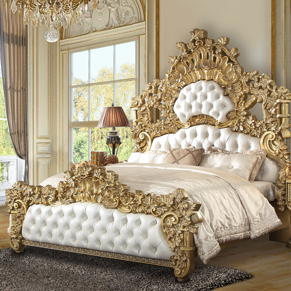 ACME Bernadette White Synthetic Leather & Gold Eastern King Bed Model BD01474EK