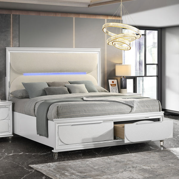 ACME Tarian White Boucle & Pearl White Eastern King Bed with Storage & LED Model BD02316EK