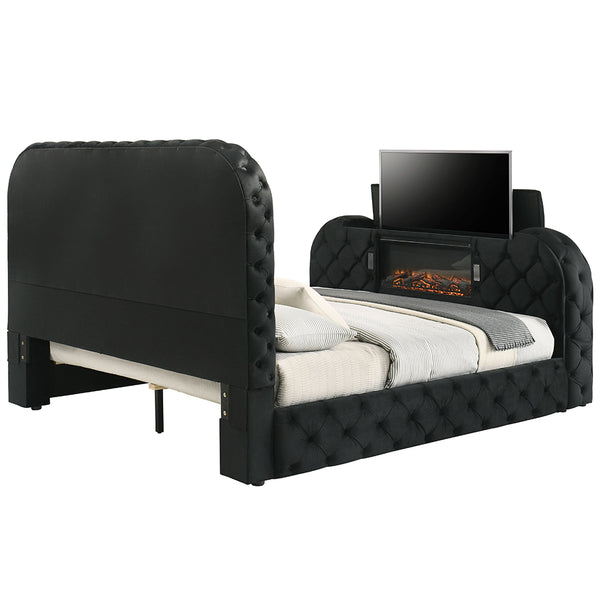 ACME Kana Black Upholstery Velvet Eastern King Bed with LED Fireplace & TV Cabinet Model BD03121EK