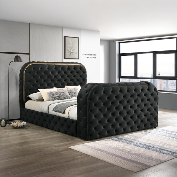 ACME Kana Black Upholstery Velvet Eastern King Bed with LED Fireplace & TV Cabinet Model BD03121EK